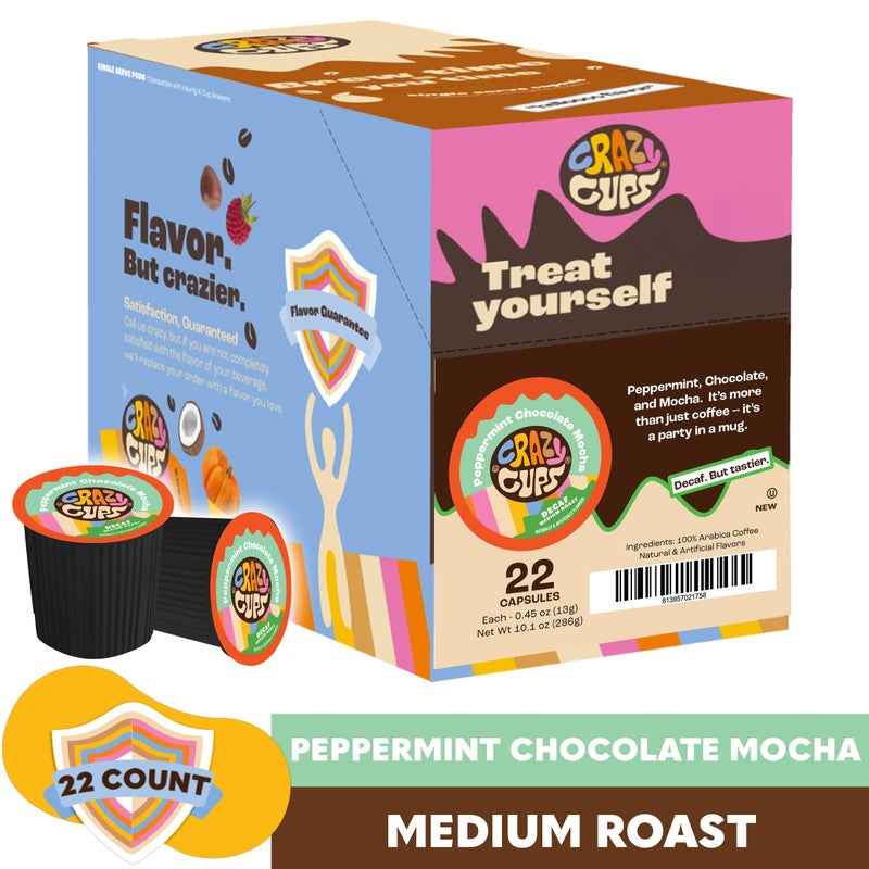 Crazy Cups Decaf Flavored Coffee Pods, Peppermint Chocolate Mocha, Decaffeinated Coffee for Keurig K Cups Machines, Hot or Iced Coffee, Decaf Coffee in Recyclable Pods, 22 Count (Pack of 1) - Image 3